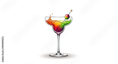Colorful cocktail with umbrella and cherry.