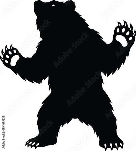 A fierce black bear vector illustration shows the powerful animal standing on hind legs with an aggressive open mouth posture