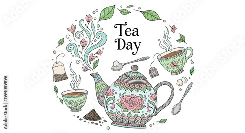 Colorful Teapot and Tea Cups Illustration.