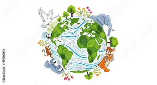 Earth Globe with Animals and Plants.