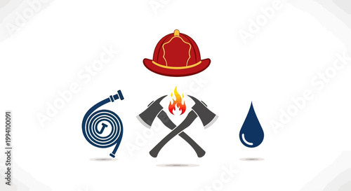 Firefighter equipment symbols icons set.