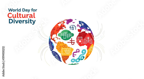 Globe with cultural symbols and icons.