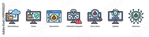 Data Recovery web banner icon vector illustration with icons of Data Backup,Clean,Quarantine,Infected Computer,Virus Scan,Update and Antivirus