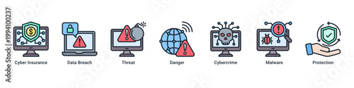 Risk Management web banner icon vector illustration with icons of Cyber Insurance,Data Breach,Threat,Danger,Cybercrime,Malware and Protection