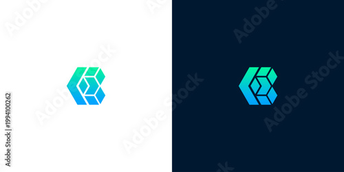 Abstract geometric logo design featuring a stylized letter 'K' with a gradient color scheme on white and dark backgrounds