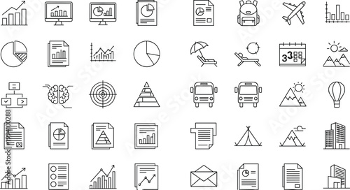 Modern minimal line icon set featuring business analytics travel finance documents and lifestyle symbols for web apps user interface design