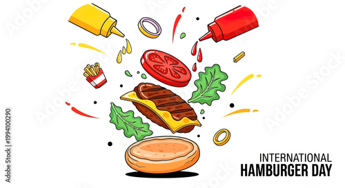 Hamburger with ingredients and condiments.