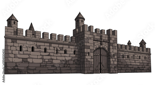 Medieval Castle Fortification with Gatehouse and Stone Walls