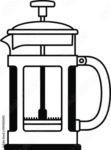 Minimalist vector illustration of a glass french press coffee maker featuring a black frame and a stainless steel plunger mechanism