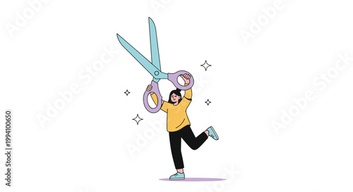 Happy girl holding a pair of giant purple and blue scissors over her head celebrating a grand opening or craft achievement.