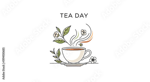 Steaming cup of tea with leaves.