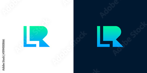 Two contrasting logos featuring the letters L and R in a gradient of blue and green, presented on white and dark backgrounds