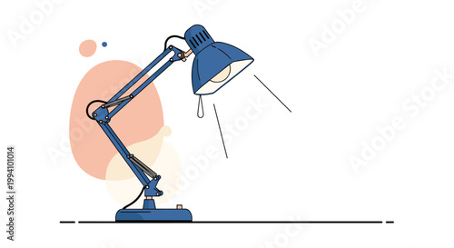 Classic blue adjustable desk lamp shining light on a white background with abstract orange and cream colored circles.