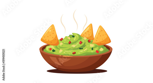 Delicious bowl of fresh green guacamole garnished with red tomato pieces and three crunchy tortilla chips ready for dipping.