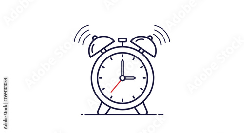 Classic alarm clock ringing with vibration lines and bells indicates early morning wake up time or deadline in a minimalist outline style.