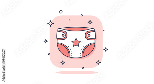 Baby diaper icon with a central star and sparkling decorative elements on a soft pink background for infant care and nursery themes.