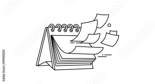 Black and white line drawing of a spiral calendar with pages flying away to represent the fast passage of time or changing schedules.