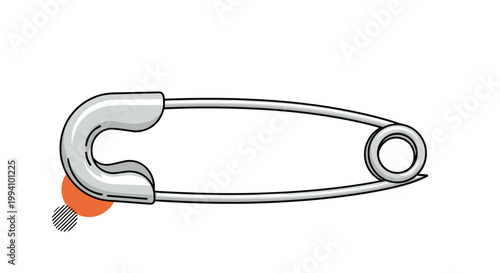 Close up illustration of a classic silver safety pin against a white background with decorative shapes for sewing and fastener concepts.