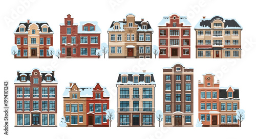 Set of diverse European style city buildings and townhouses covered in winter snow for urban landscape and architecture design themes.