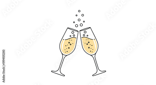 Two elegant champagne glasses filled with bubbly golden liquid clinking together in a toast for a special celebration or holiday event.