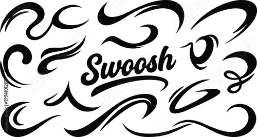 Professional vector collection featuring diverse black swoosh elements and curved brush strokes for creative graphic design and modern branding projects