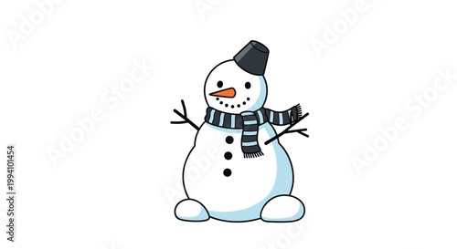 Traditional snowman wearing a black bucket hat and a striped blue and black scarf with twig arms and coal buttons in a winter scene.