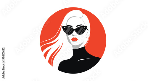 Stylized portrait of a fashionable woman with long white hair wearing black sunglasses and a black turtleneck against a red circle background.