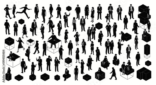 isometric business people collection in black and white office workers and cubes