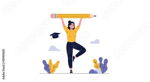 Concept illustration of a student balancing on one leg while holding a giant pencil with a graduation cap floating nearby.