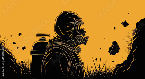a person in a hazmat suit and gas mask surveys a hazardous environment symbolizing industrial safety and environmental protection.