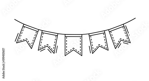 Festive line art illustration of decorative bunting flags hanging on a string for party, celebration, or birthday event decoration.