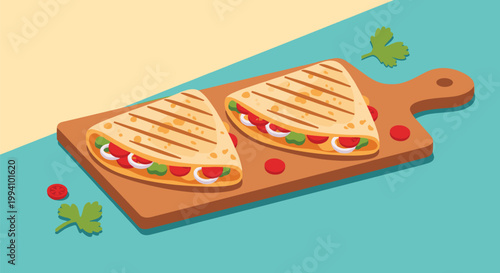 Delicious illustration of two grilled quesadillas filled with vegetables and cheese served on a rustic wooden cutting board.