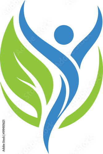 Abstract vector illustration of a stylized human figure merging with a green leaf representing health, wellness, vitality and organic growth