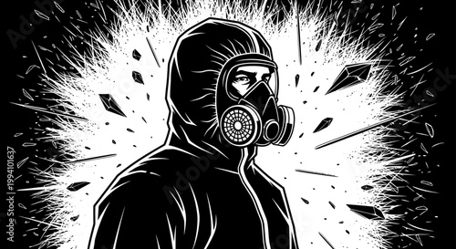person in a hazmat suit and gas mask amidst shattered debris symbolizing danger crisis and safety in a graphic style.