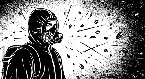 respirator-clad person in a hazmat suit observing hazardous debris and dust in a black and white scene symbolizing danger and air pollution.