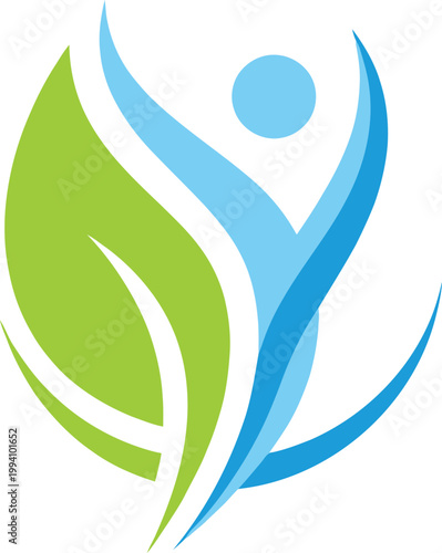 Abstract vector illustration featuring a vibrant green leaf merging with a blue human figure reaching upwards