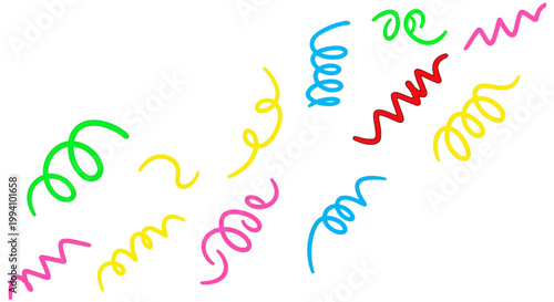 colorful party streamers and abstract squiggles on white background creating a vibrant pattern for festive celebration design.
