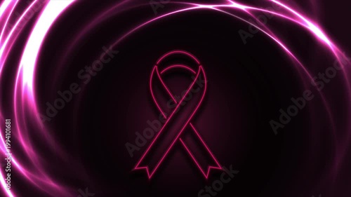 Vibrant neon pink ribbon symbol for breast cancer awareness on dark futuristic background with luminous light swirls. Healthcare motion design. Video animation Ultra HD 4K 3840x2160