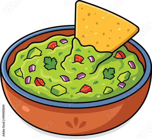 Delicious vector illustration of creamy guacamole with diced tomatoes and onions served with a crispy tortilla chip
