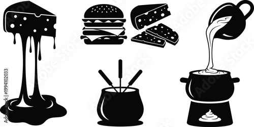 Melting food icons set with dripping cheese burger chocolate popcorn coffee pouring liquid minimal black silhouette vector illustrationMelting food icons set with dripping cheese burger chocolate popc