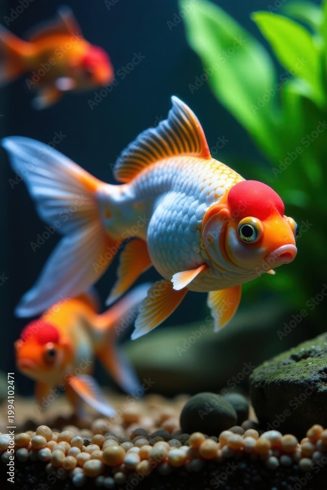 Fototapeta premium Ornate goldfish among colorful tropical fish in planted tank, fishkeeping, aquascape