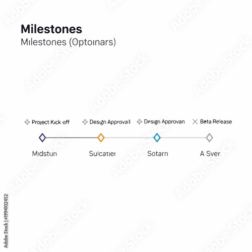 Simple and modern infographic displaying a project's sequential milestones, from initial kick-off and design approvals to the upcoming beta release.