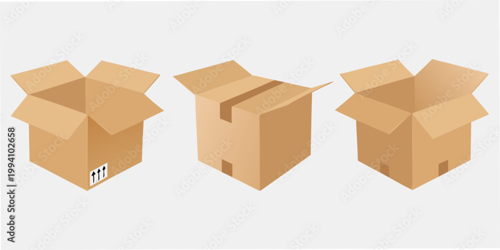 Fototapeta premium Three open cardboard boxes in varying perspectives displaying interior space