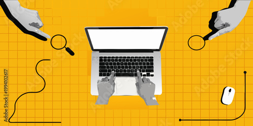 Overhead view of a laptop with hands magnifying glasses and cables