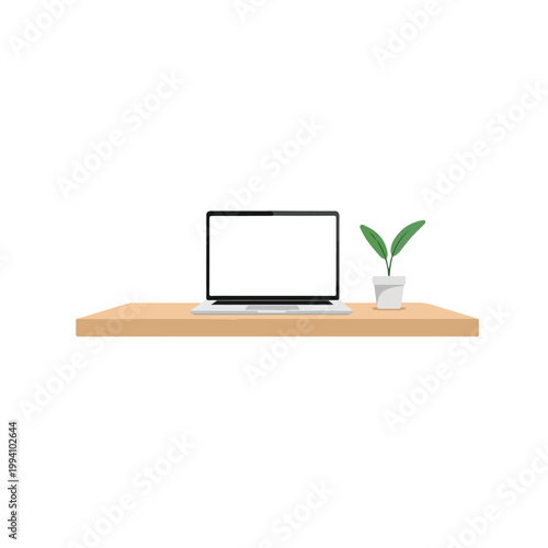 A laptop with a blank screen sits on a remote work desk setup with a small potted plant beside it against a clean white background.
