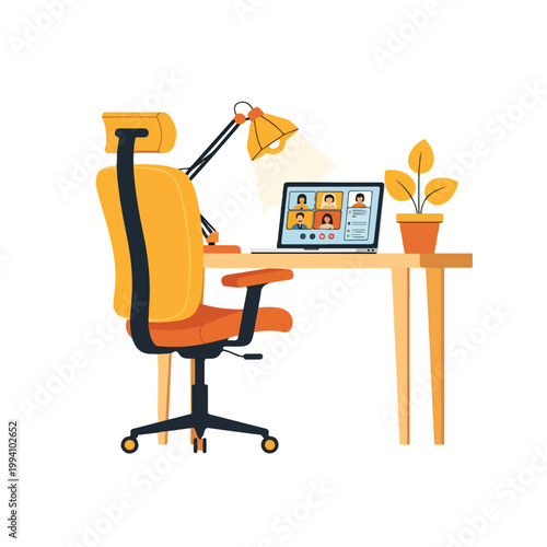 Illustration of a remote work desk setup with a laptop, lamp, and potted plant on a wooden table beside a yellow office chair.
