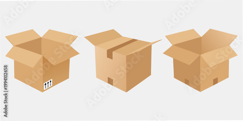 Three open cardboard boxes in varying perspectives displaying interior space