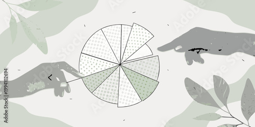 Hands reaching for a pie chart surrounded by botanical elements