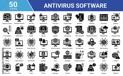 Antivirus icon set with virus scan, malware, ransomware, spyware and cyber security protection. Ideal for network security, data protection and digital safety concepts.