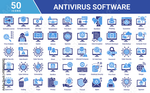 Antivirus icon set with virus scan, malware, ransomware, spyware and cyber security protection. Ideal for network security, data protection and digital safety concepts.